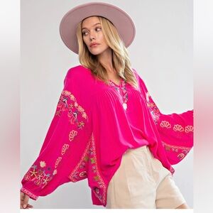 New Easel Bohemian Hot Pink Embroidered Tunic Size Small